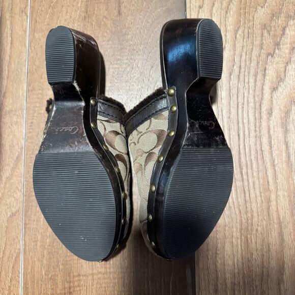 Coach Signature Clog Mules Vintage Shearling Trim Wooden Heel Slides 6.5 - Picture 5 of 7